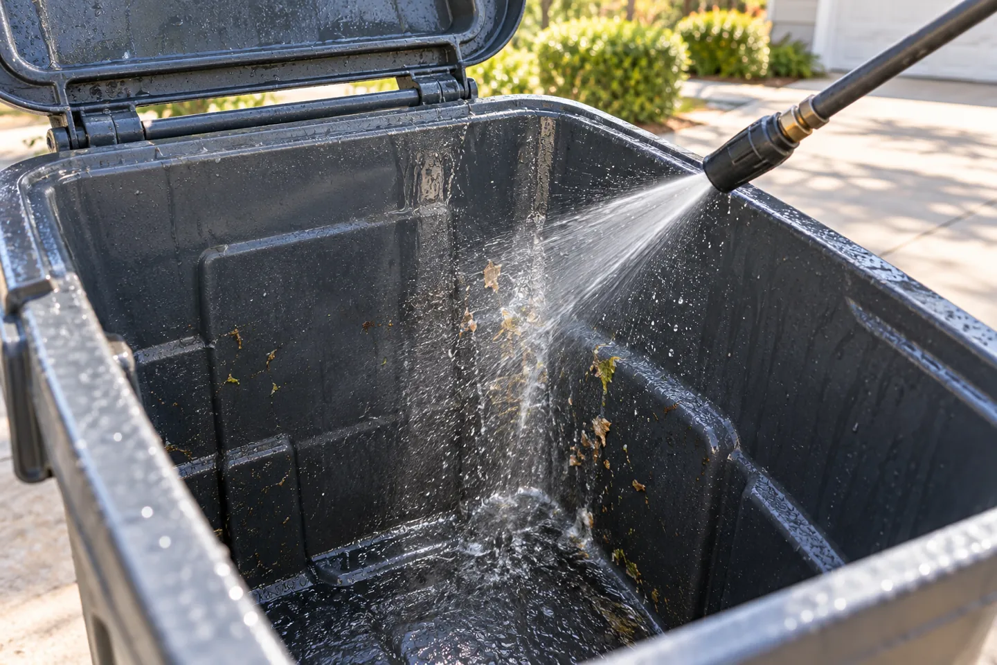 residue being rinsed from inside a garbage can