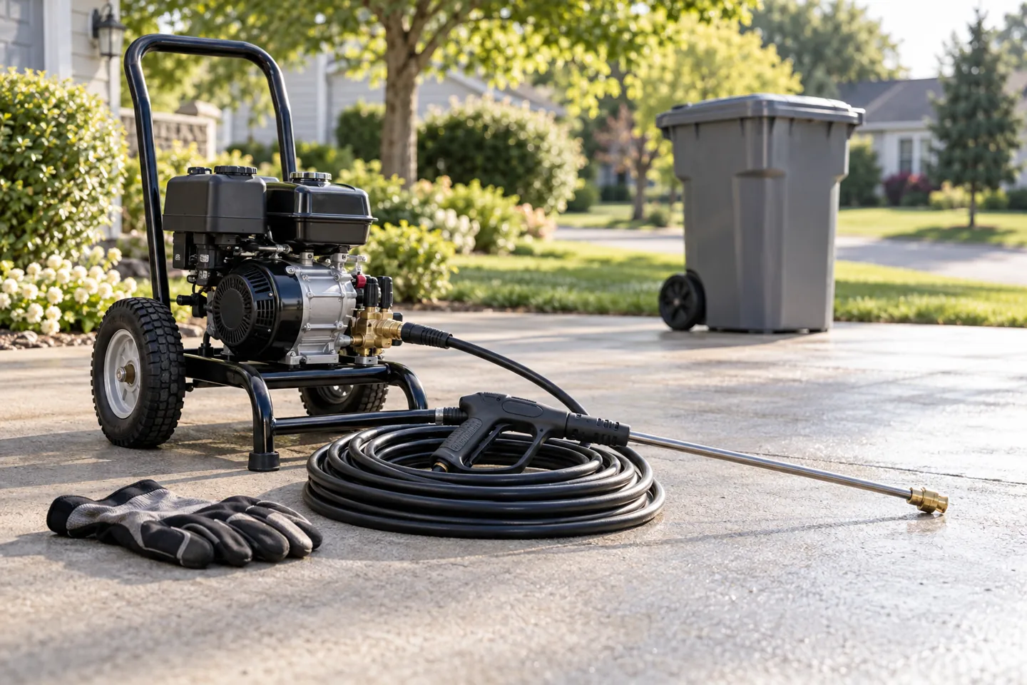 Pressure washing equipment prepared on a driveway