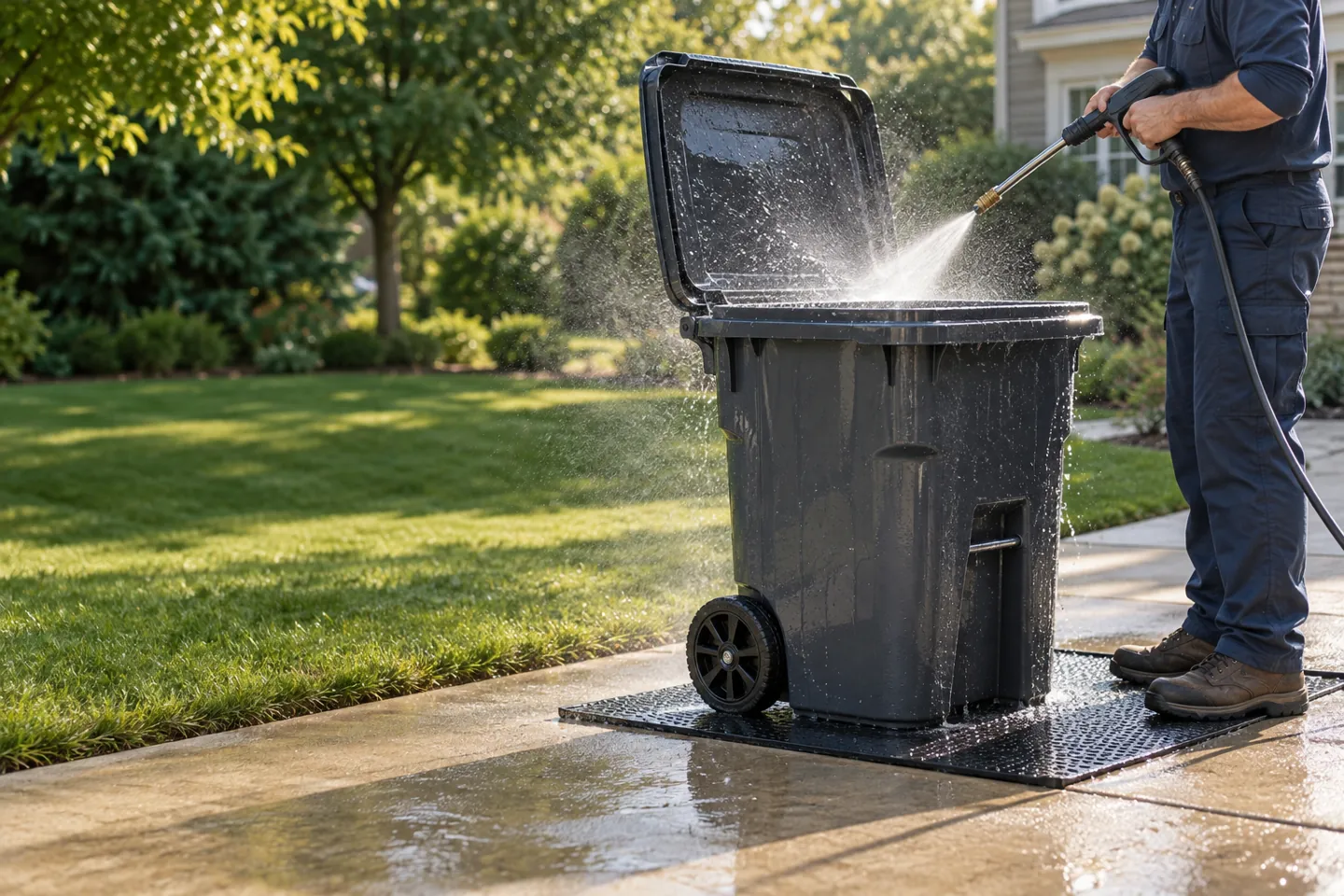 a residential garbage bin being pressure washed in a sunny driveway